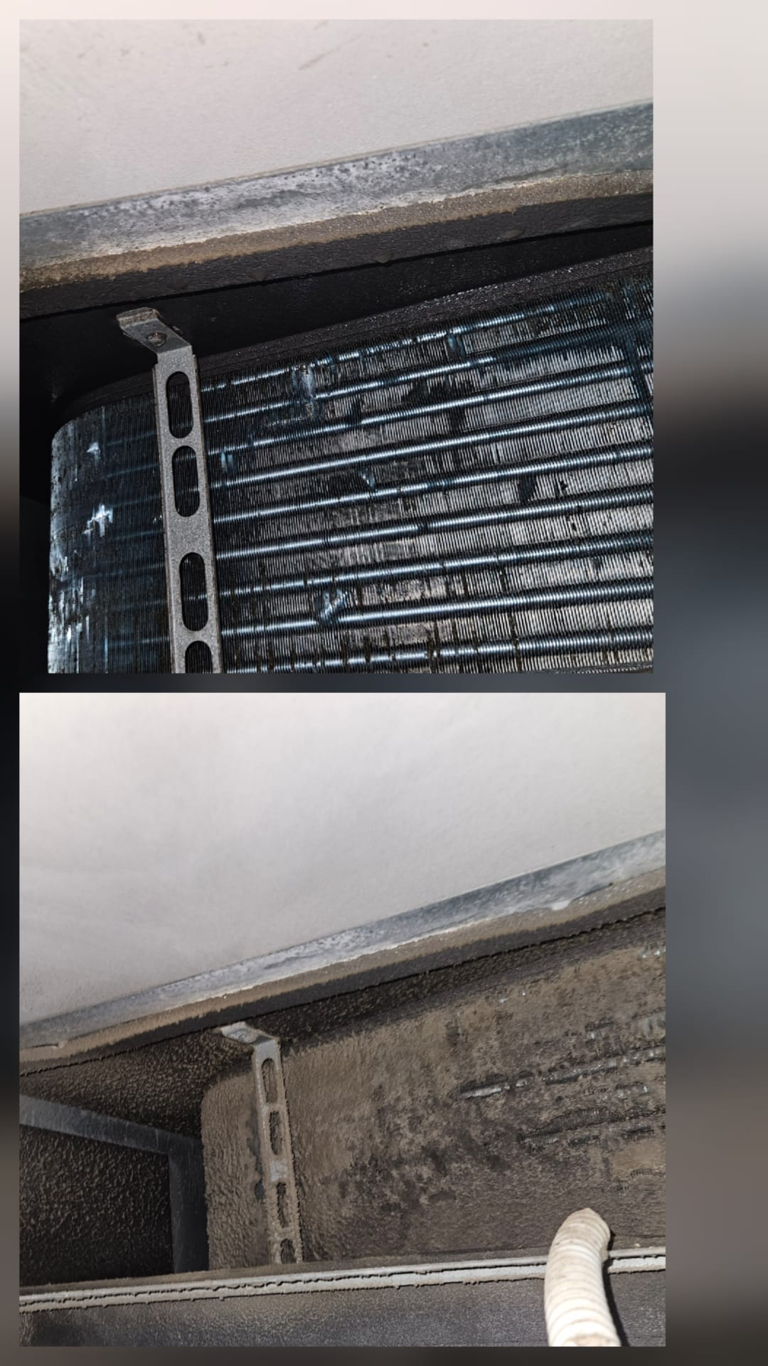 תיעוד מהשטח: פנים תעלת מיזוג לפני ואחרי - למעלה שכבת אבק, למטה נקי ומבריק